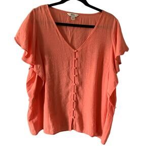 Women's Nine West Ruffled Short Sleeve Button Up Shirt Pink Sz XXL